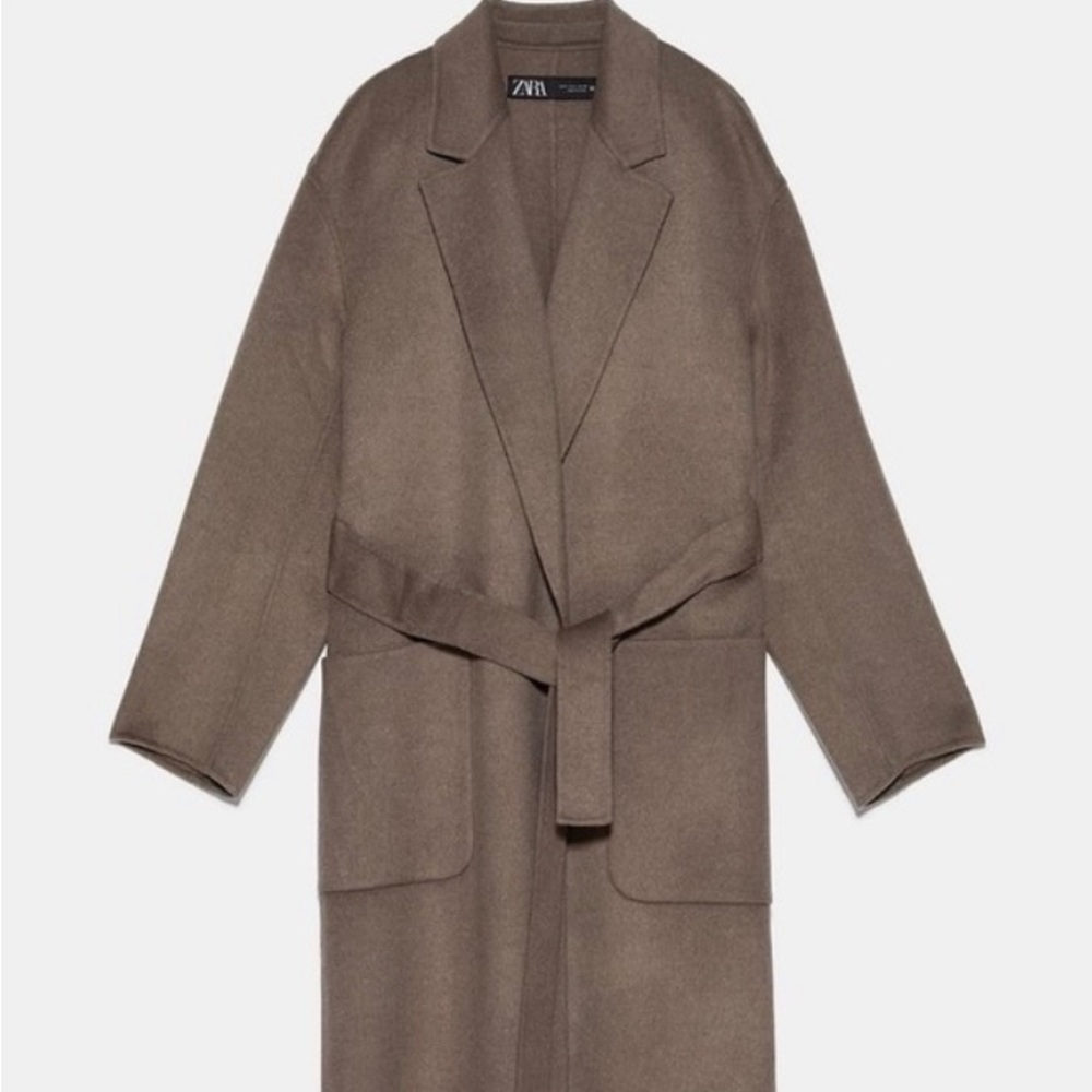 Zara Taupe Unlined Wool Blend Wrap Coat